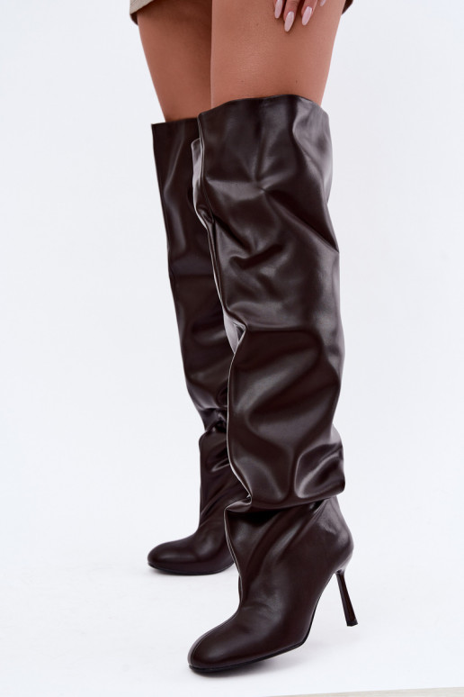 botas altas femininas com salto fino na cor chocolate Galena