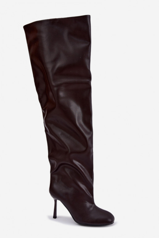 botas altas femininas com salto fino na cor chocolate Galena