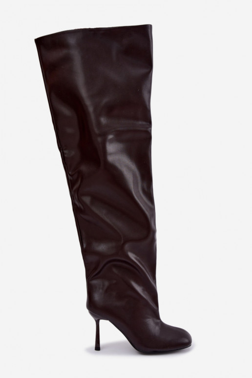 botas altas femininas com salto fino na cor chocolate Galena