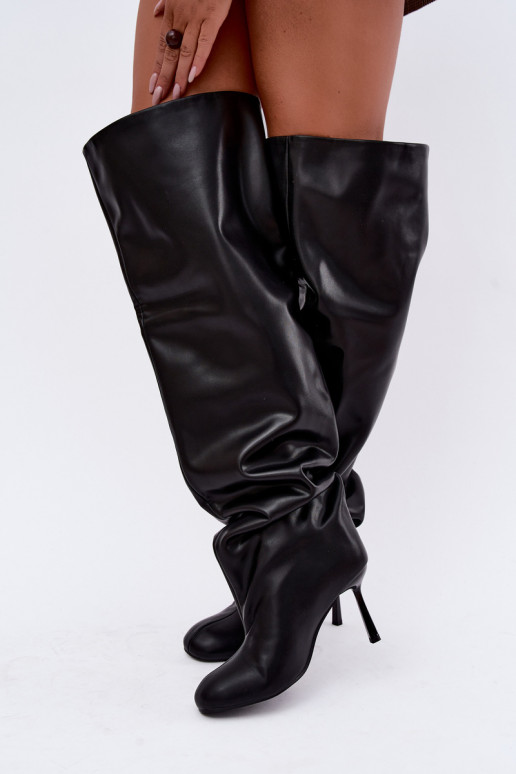 botas altas femininas com salto fino na cor preta Galena