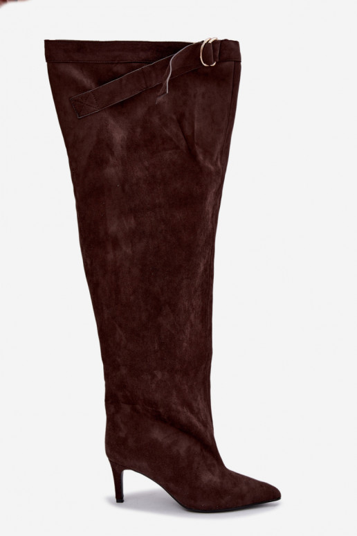 botas altas slip-on femininas com salto na cor chocolate Rosena
