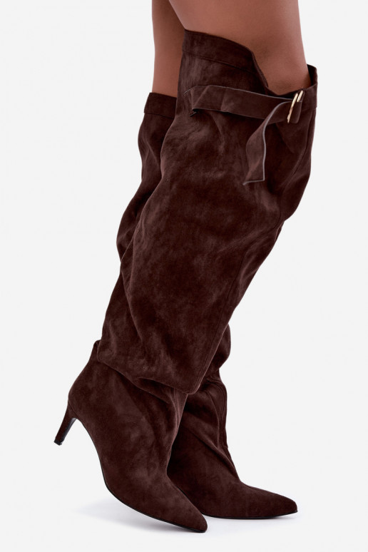 botas altas slip-on femininas com salto na cor chocolate Rosena