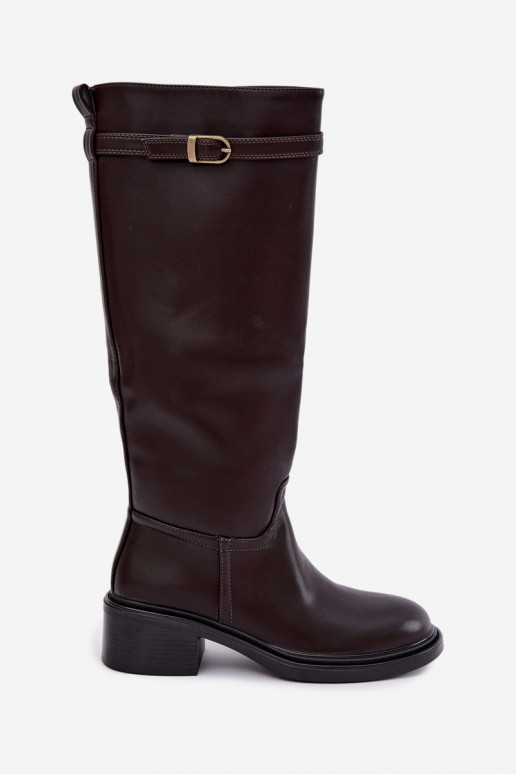 botas altas femininas com salto baixo e fivelas na cor chocolate Orlisa