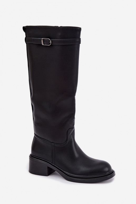 botas altas femininas com salto baixo e fivelas na cor preta Orlisa