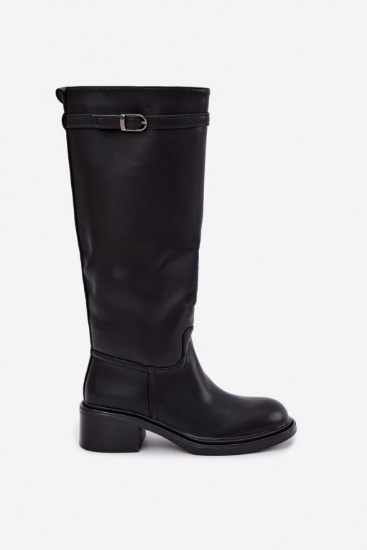 botas altas femininas com salto baixo e fivelas na cor preta Orlisa