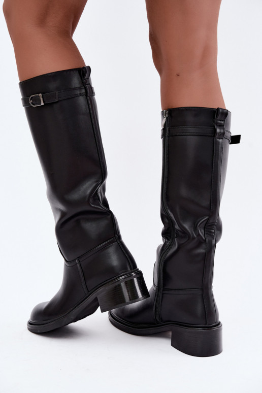 botas altas femininas com salto baixo e fivelas na cor preta Orlisa