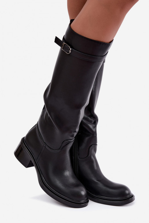 botas altas femininas com salto baixo e fivelas na cor preta Orlisa