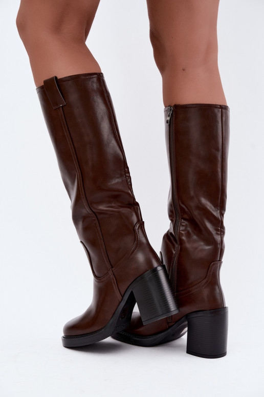 botas altas femininas acolchoadas com salto na cor chocolate Feresa