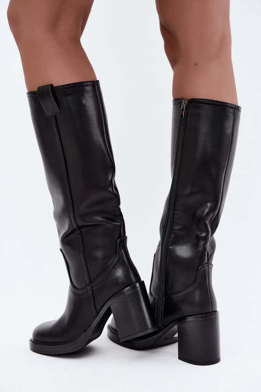 botas altas femininas acolchoadas com salto na cor preta Feresa