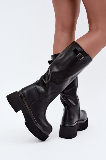botas altas femininas com plataforma e fivelas na cor preta Fenley 2