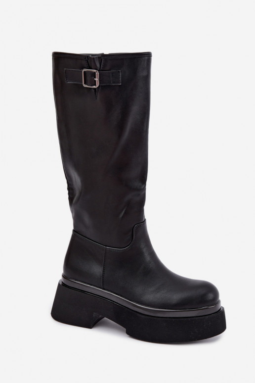 botas altas femininas com plataforma e fivelas na cor preta Fenley