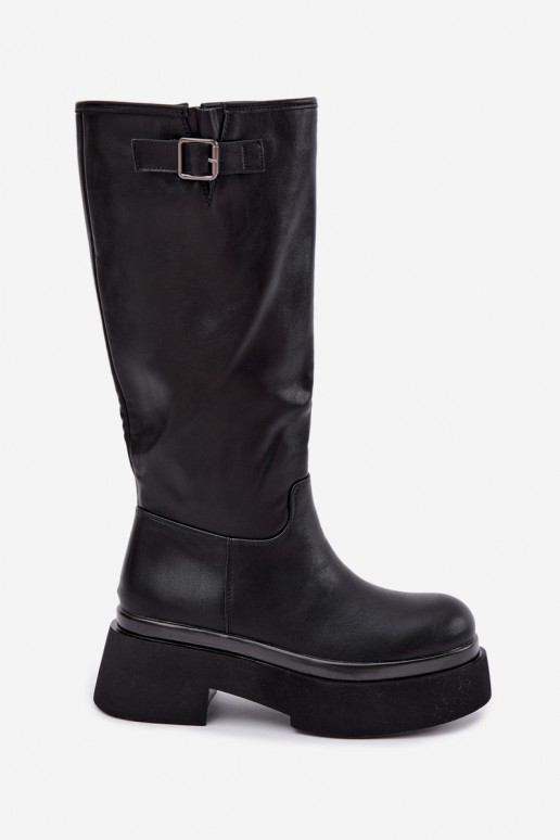 botas altas femininas com plataforma e fivelas na cor preta Fenley