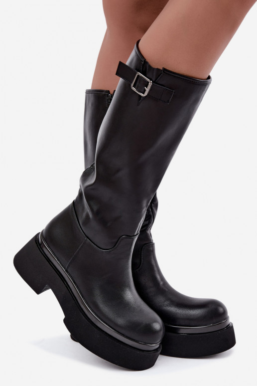 botas altas femininas com plataforma e fivelas na cor preta Fenley