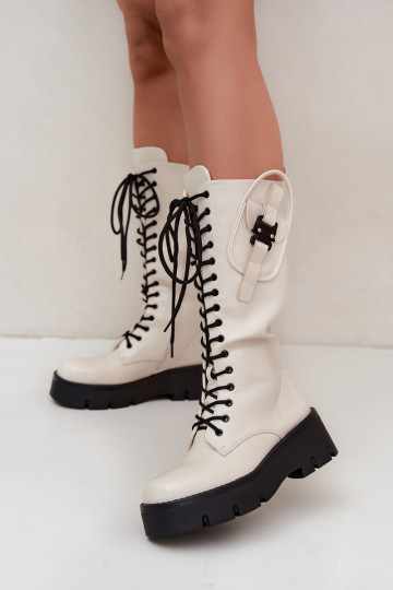 botas altas femininas acolchoadas com cadarços e plataforma na cor areia Galvia 2