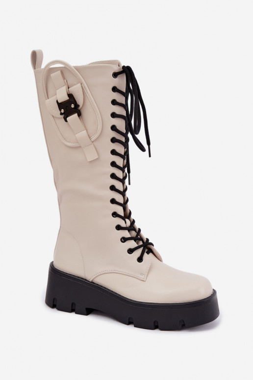 botas altas femininas acolchoadas com cadarços e plataforma na cor areia Galvia