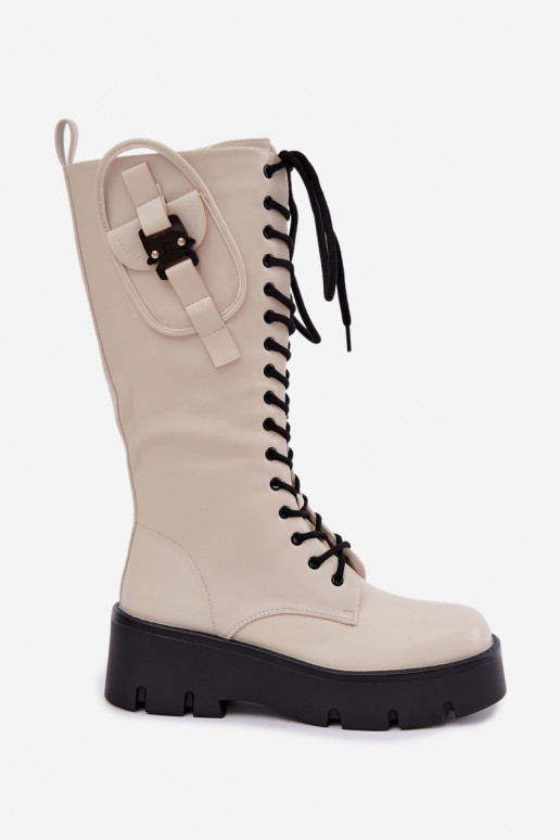 botas altas femininas acolchoadas com cadarços e plataforma na cor areia Galvia