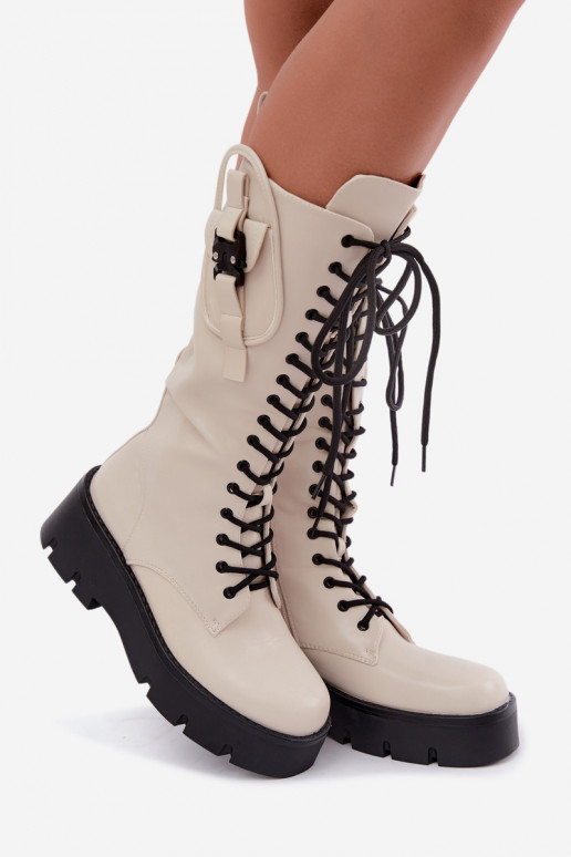 botas altas femininas acolchoadas com cadarços e plataforma na cor areia Galvia