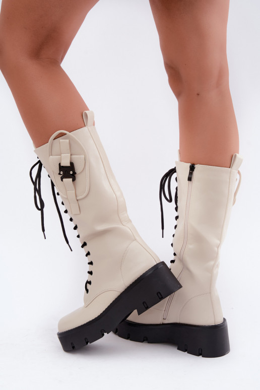 botas altas femininas acolchoadas com cadarços e plataforma na cor areia Galvia