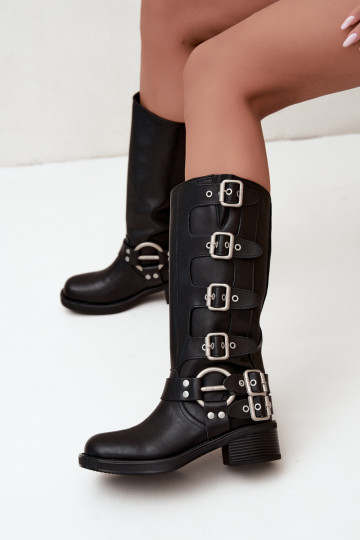 Botas longas de couro pretas com salto baixo e fivelas Big Star