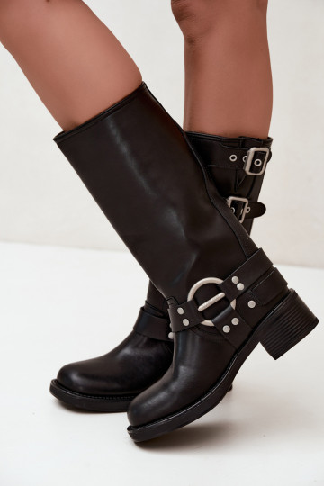 Botas longas de couro pretas com salto baixo e fivelas Big Star 2