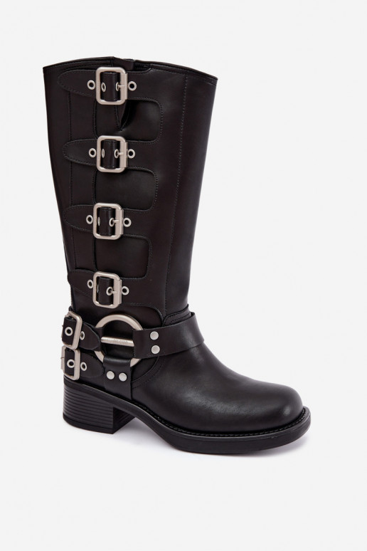 Botas longas de couro pretas com salto baixo e fivelas Big Star