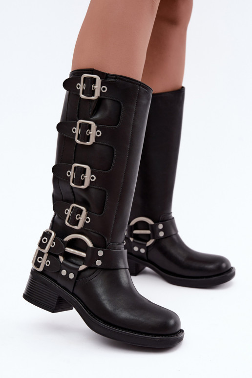Botas longas de couro pretas com salto baixo e fivelas Big Star
