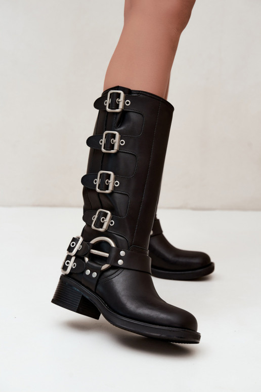 Botas longas de couro pretas com salto baixo e fivelas Big Star