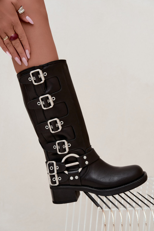 Botas longas de couro pretas com salto baixo e fivelas Big Star