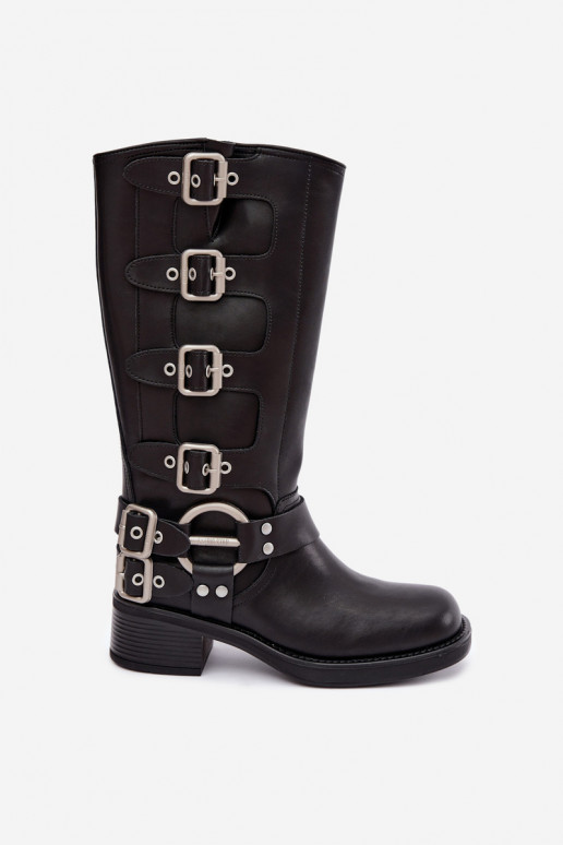 Botas longas de couro pretas com salto baixo e fivelas Big Star