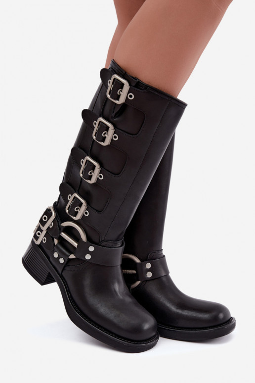 Botas longas de couro pretas com salto baixo e fivelas Big Star