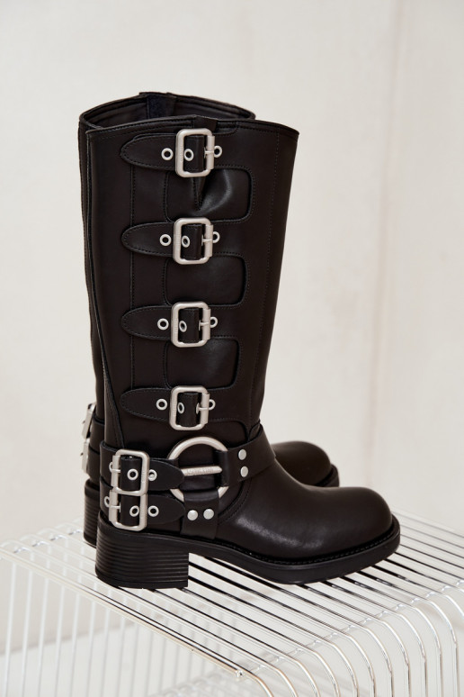 Botas longas de couro pretas com salto baixo e fivelas Big Star