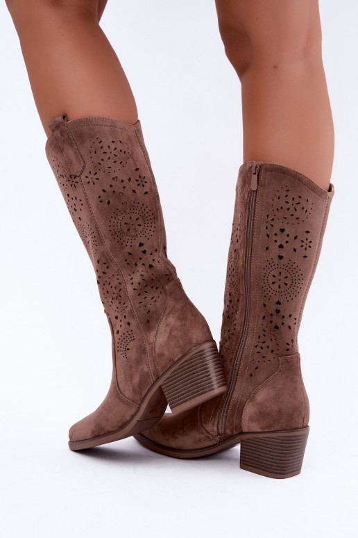 Botas longas de estilo cowboy castanhas com recortes Garena