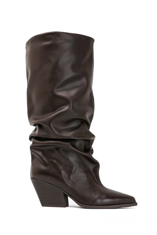 Botas altas femininas com parte superior curva e saltos na cor chocolate Durela