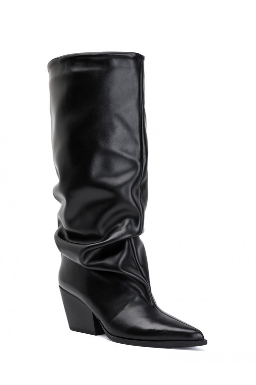 Botas altas femininas com parte superior curva e saltos na cor preta Durela
