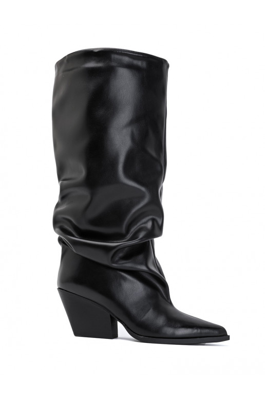 Botas altas femininas com parte superior curva e saltos na cor preta Durela