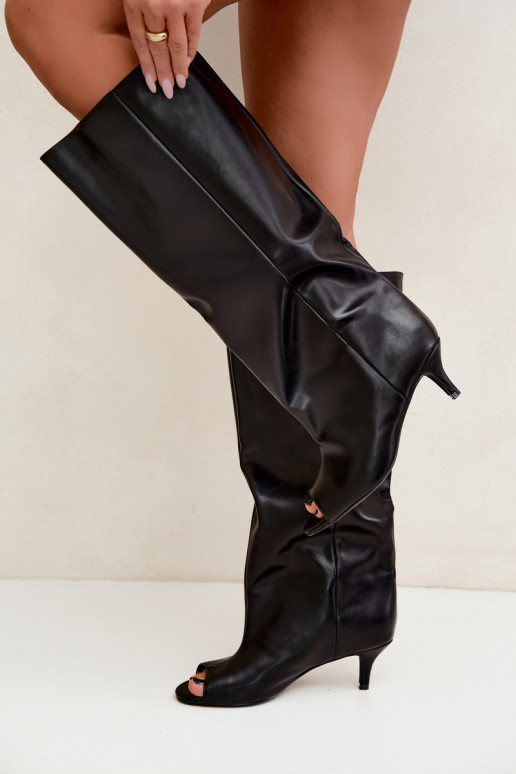 Botas altas com bico aberto em salto fino de couro sintético preto Velise