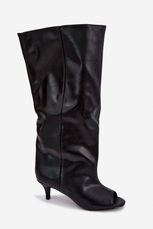 Botas altas com bico aberto em salto fino de couro sintético preto Velise