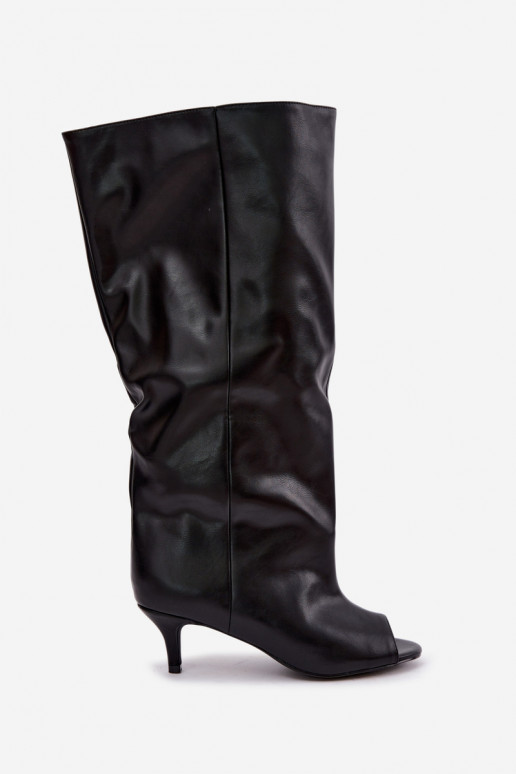 Botas altas com bico aberto em salto fino de couro sintético preto Velise