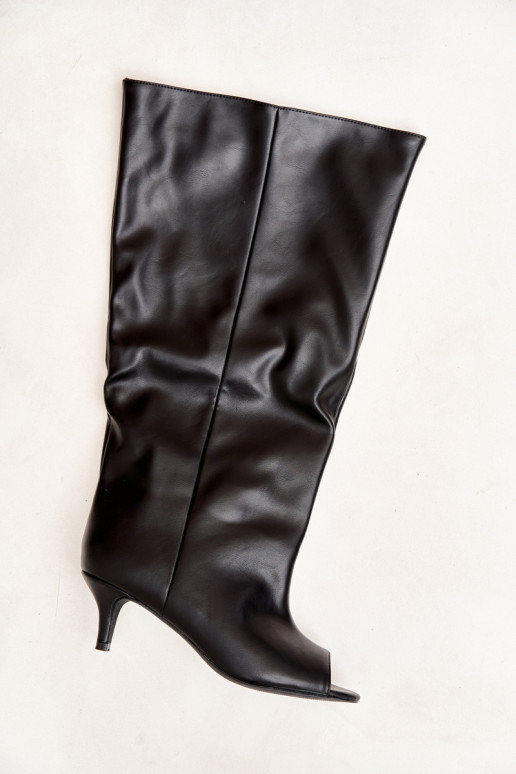 Botas altas com bico aberto em salto fino de couro sintético preto Velise