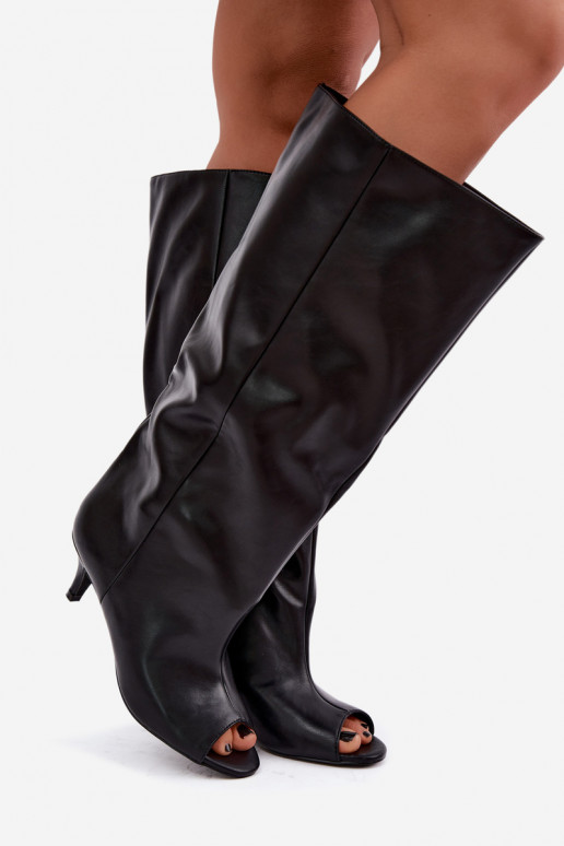 Botas altas com bico aberto em salto fino de couro sintético preto Velise
