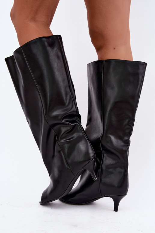 Botas altas com bico aberto em salto fino de couro sintético preto Velise