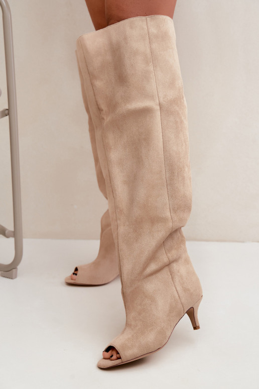 Botas altas com cano alto e bico aberto em areia Henya