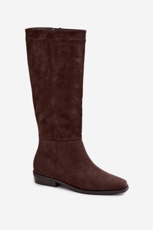 Botas altas femininas com salto baixo em chocolate Feretta
