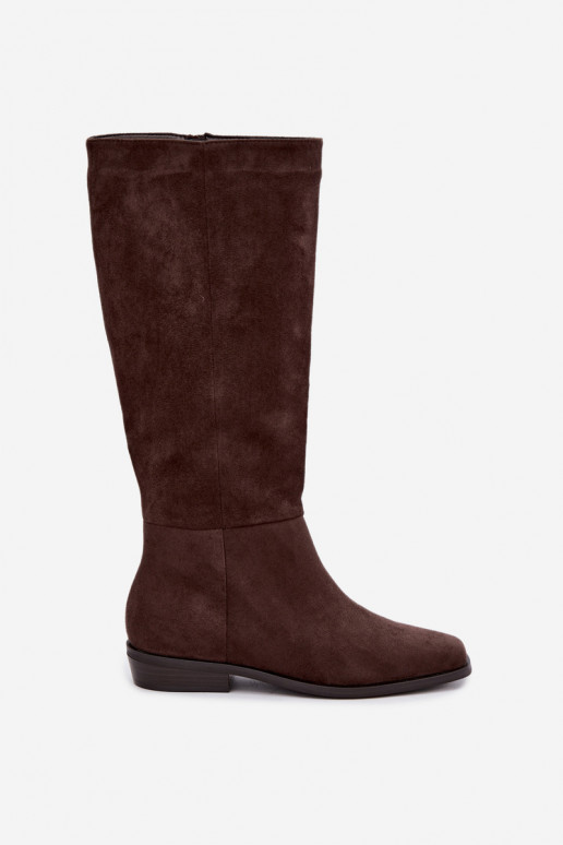 Botas altas femininas com salto baixo em chocolate Feretta
