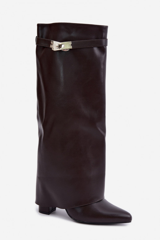 Botas altas femininas acolchoadas com cano costurado e saltos chocolate Salia