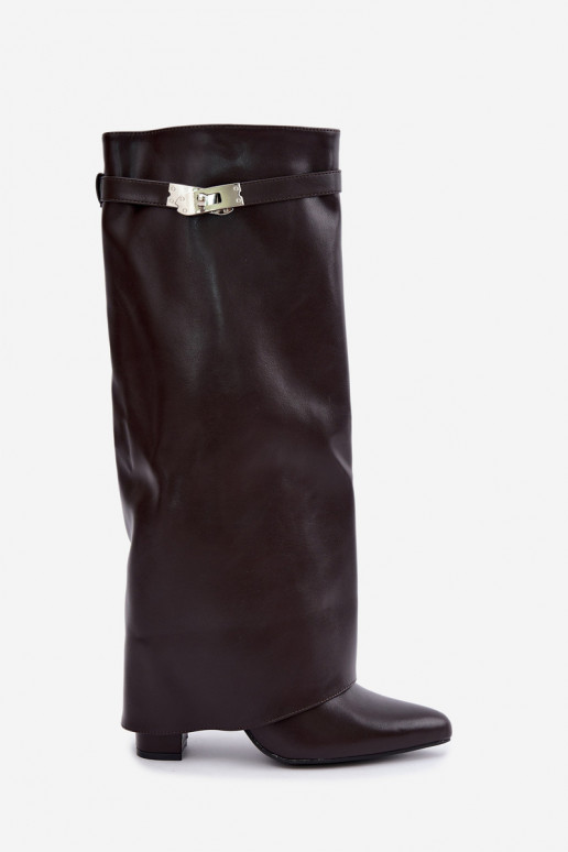Botas altas femininas acolchoadas com cano costurado e saltos chocolate Salia