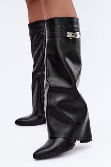 Botas altas femininas acolchoadas com cano costurado e saltos pretos Salia 2