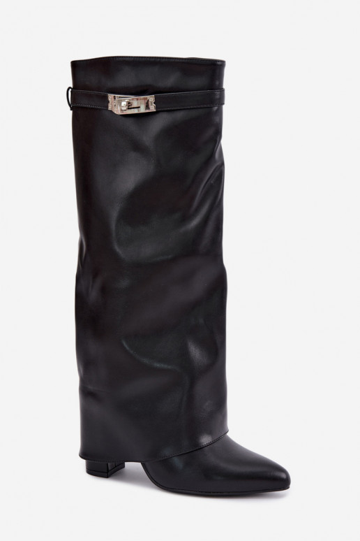 Botas altas femininas acolchoadas com cano costurado e saltos pretos Salia