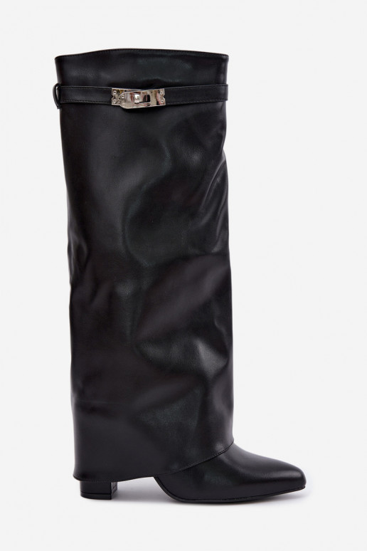 Botas altas femininas acolchoadas com cano costurado e saltos pretos Salia