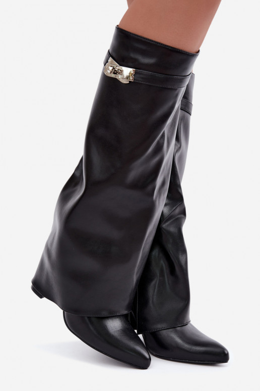Botas altas femininas acolchoadas com cano costurado e saltos pretos Salia